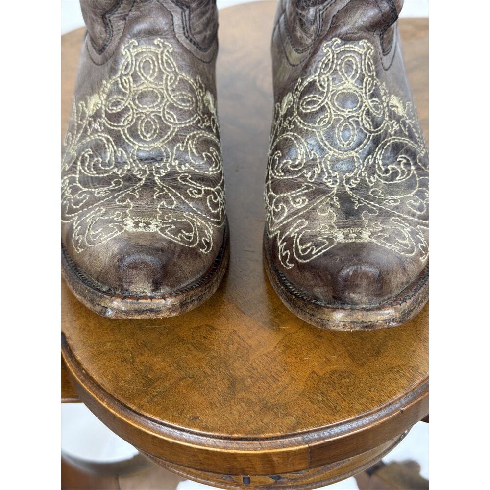Corral Teens Brown Pebble Leather Western Boots Cream Stitching #1637 Size 5 - Picture 3 of 7